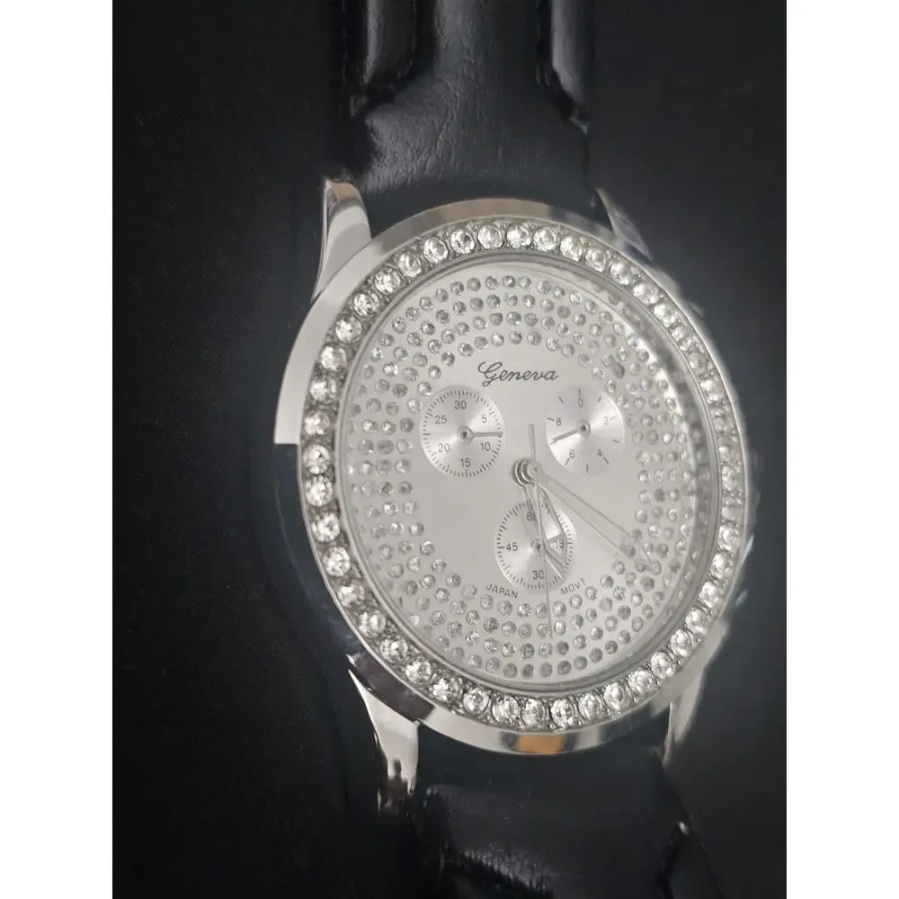44.5mm silver crystal bezel Fashion Analog Quartz watch w/faux Leather Band